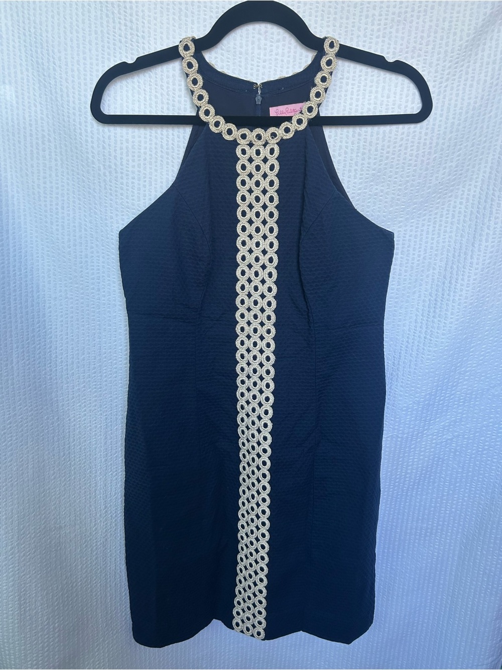 Lilly Pulitzer Navy Blue with Gold Lace Trim Halter Shift Dress Size 0